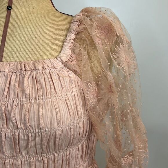 NWT Umgee Pastel Pink Rushed Bodice Sheer Floral Sleeve Blouse - Size Small - Picture 2 of 13